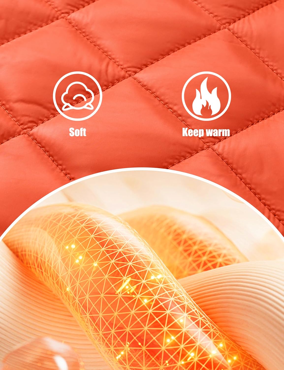 Orange quilted jacket lining fabric with diamond stitching and warm padded sections