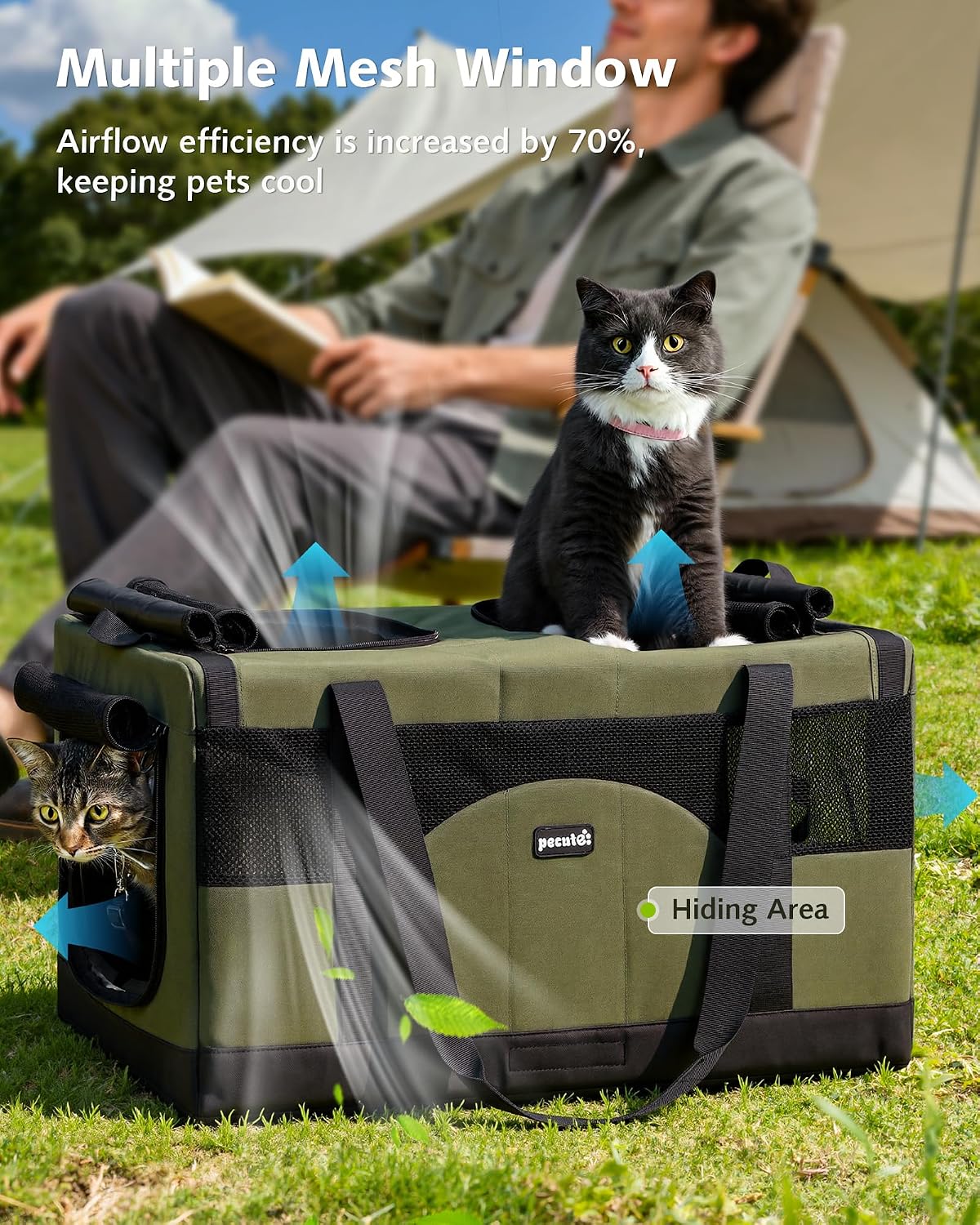 Green double pet carrier with multiple mesh windows, front pocket and carrying straps