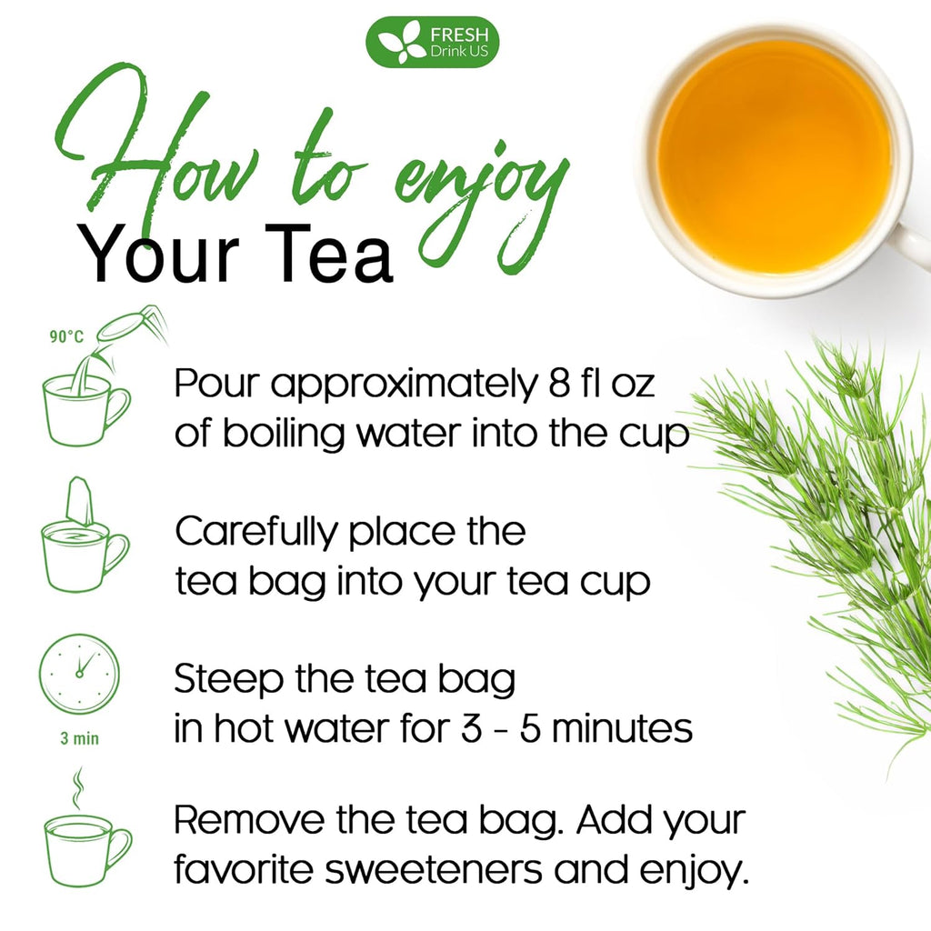 How to brew horsetail leaf tea graphic with cup of golden tea and leaf sprigs