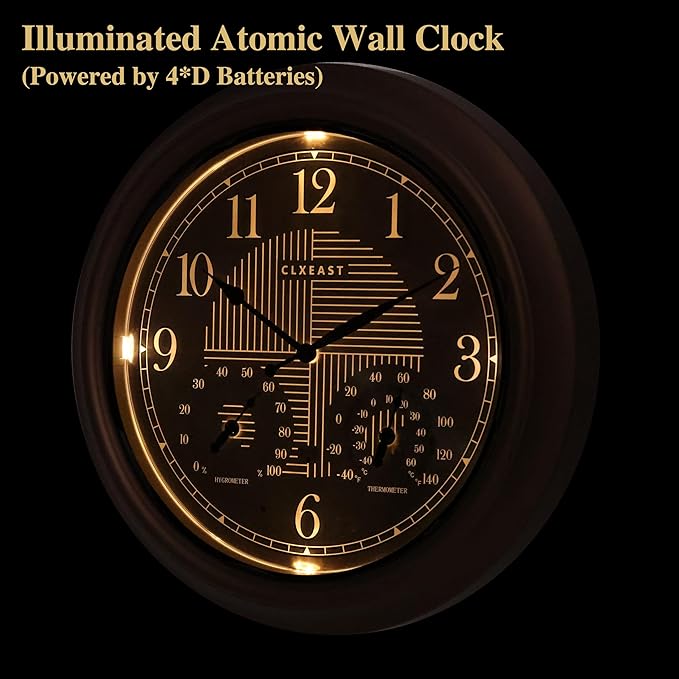 Bronze illuminated atomic analog wall clock with temperature and humidity dials