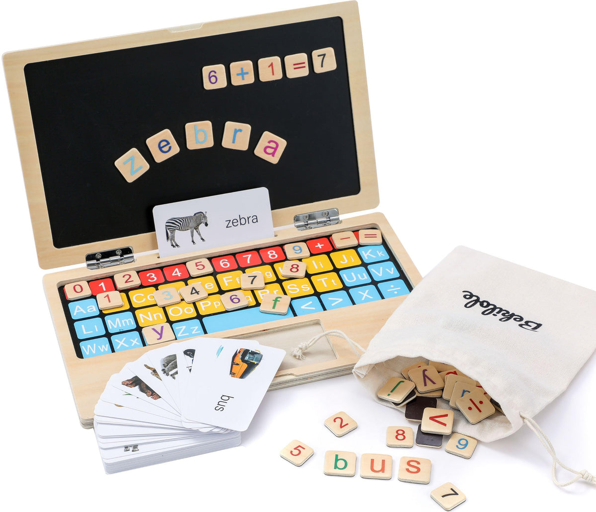 Wooden learning laptop set with alphabet tiles, animal cards, and storage pouch