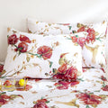 Floral hummingbird pillowcase set in white with burgundy red rose print, back view pair.