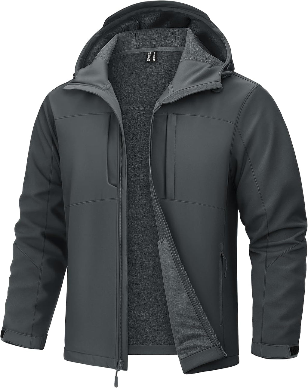 Dark gray hooded softshell jacket with full zip front and stand collar