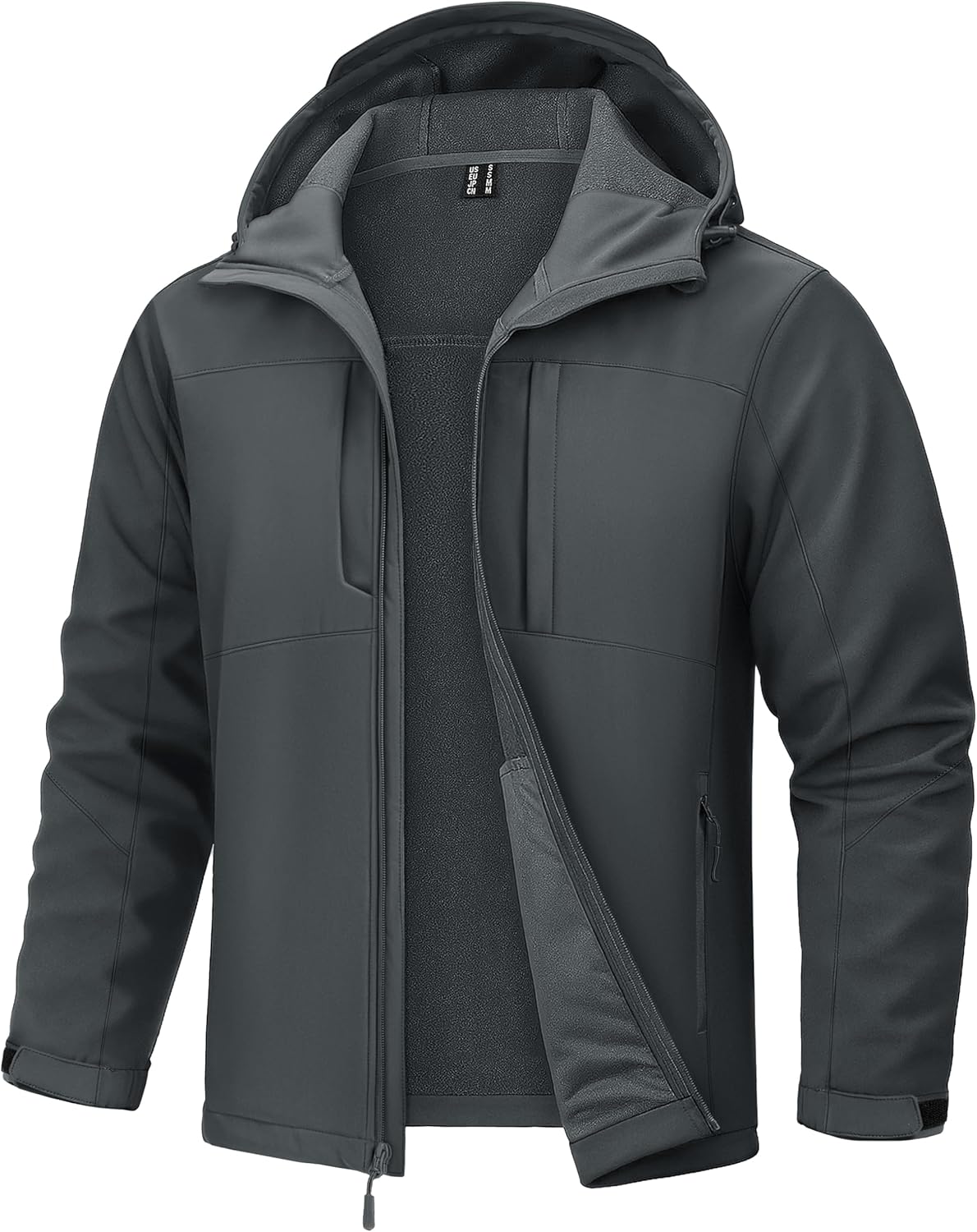 Dark gray hooded softshell jacket with full zip front and stand collar
