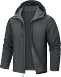 Dark gray hooded softshell jacket with zip front and large front pocket panels