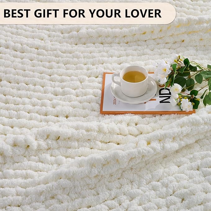 Cream chunky chenille knit blanket throw with dense, plush textured surface
