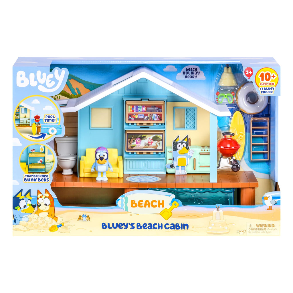 Beach cabin playset box packaging featuring the toy house and pool accessories