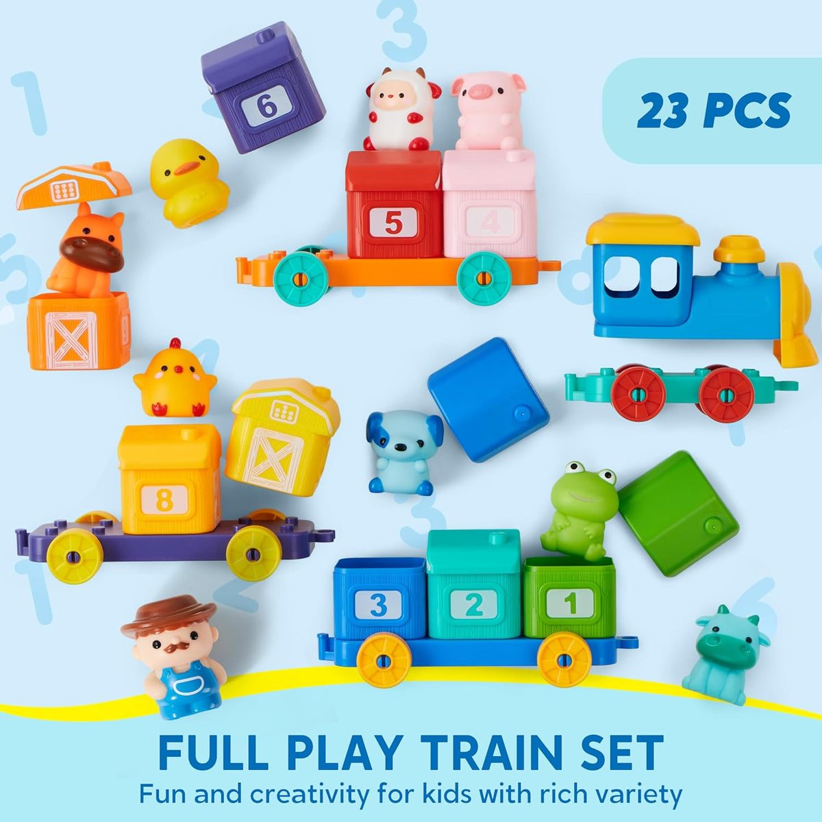 Assorted farm train set pieces with numbered cubes and animal figures, 23-piece set