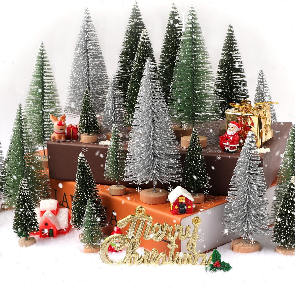 Assorted mini bottle brush Christmas trees with wooden bases
