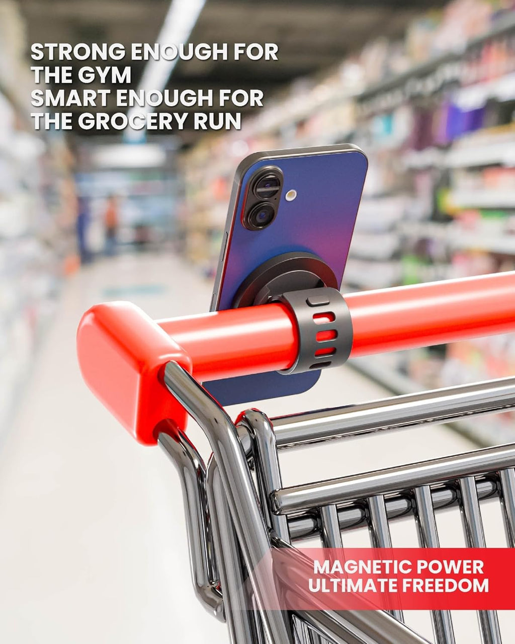 Magnetic phone holder clamp with BLAUBECK circular puck on orange handlebar