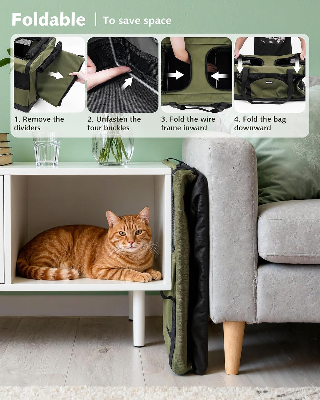 Folded green pet carrier with removable divider and collapsible frame