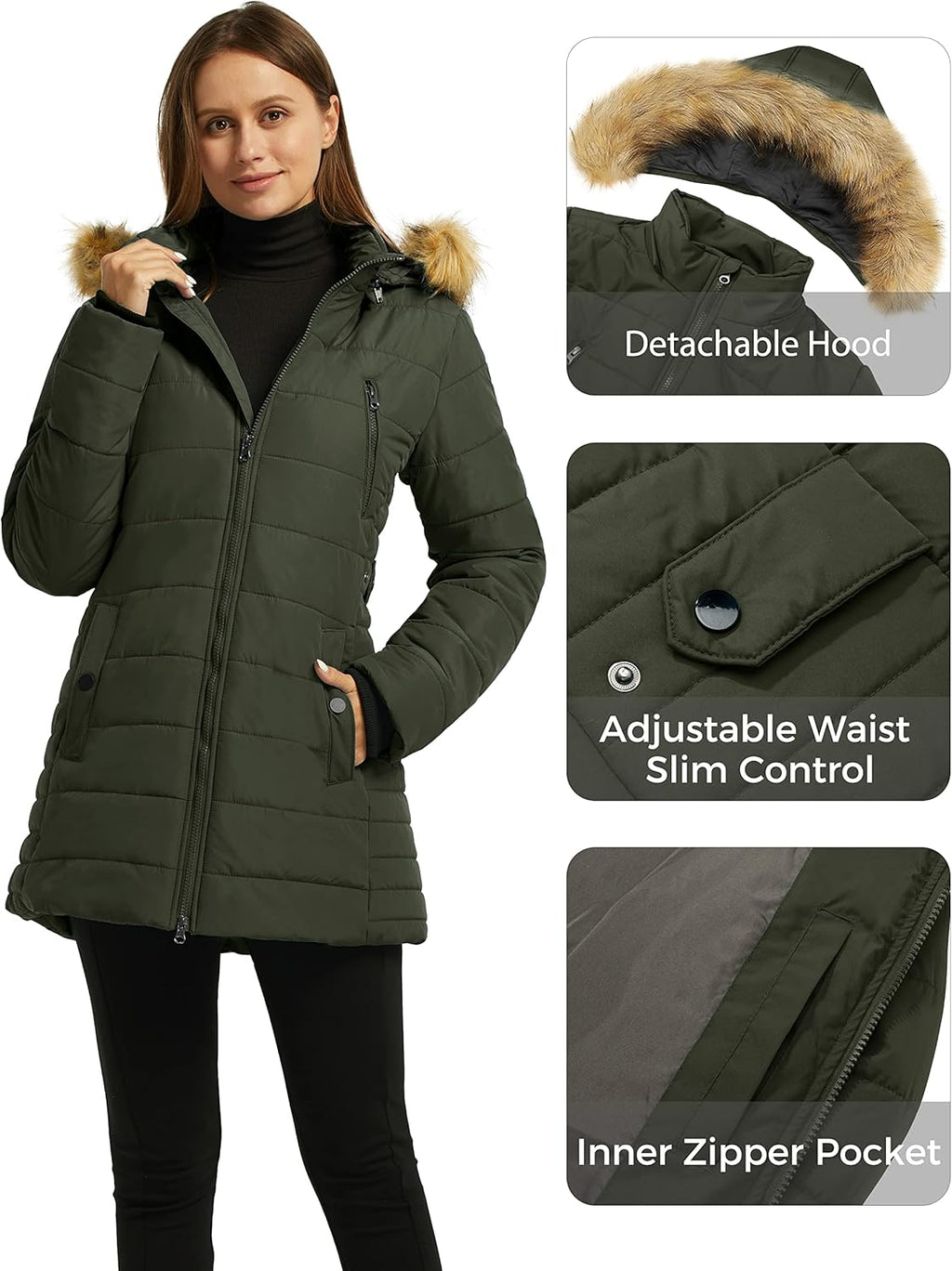 Women’s green puffer parka with fur-trim hood, adjustable waist, inner zip pocket