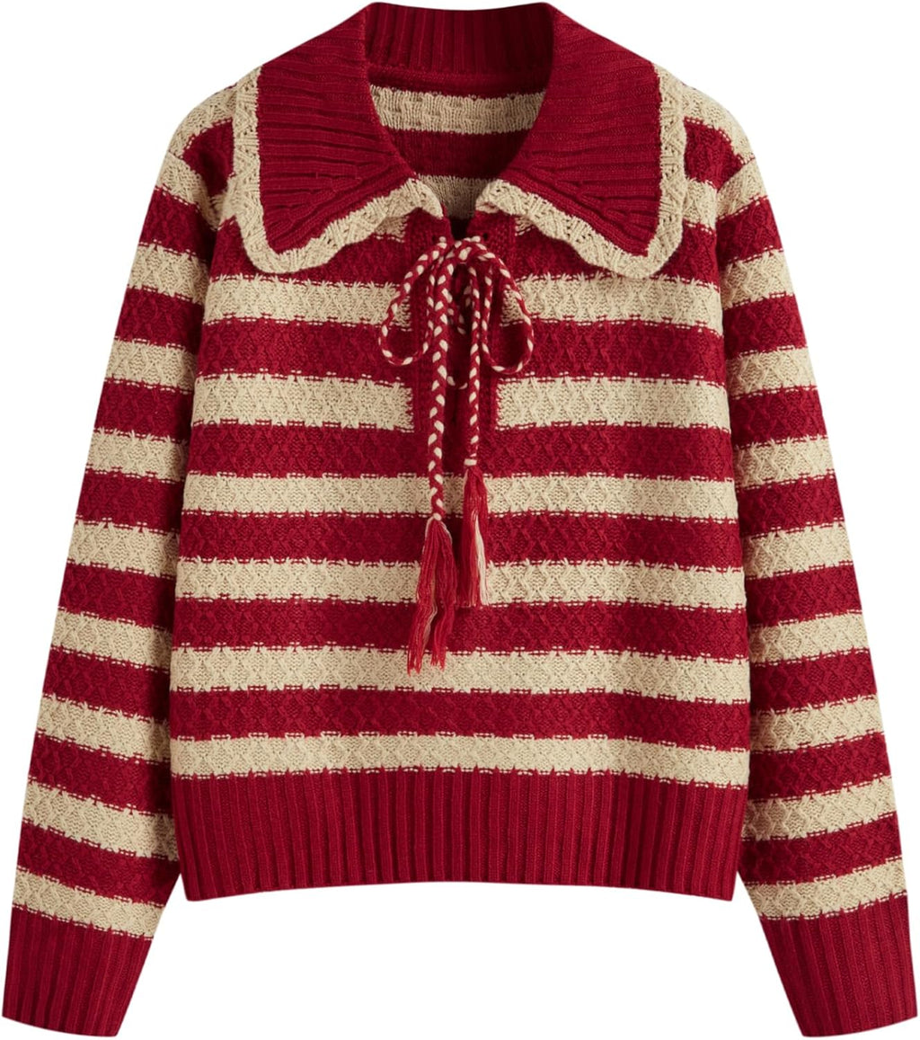 Red and cream striped knit pullover sweater with collared neckline and tassel drawstring