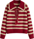 Red and cream striped knit pullover sweater with collared neckline and tassel drawstring