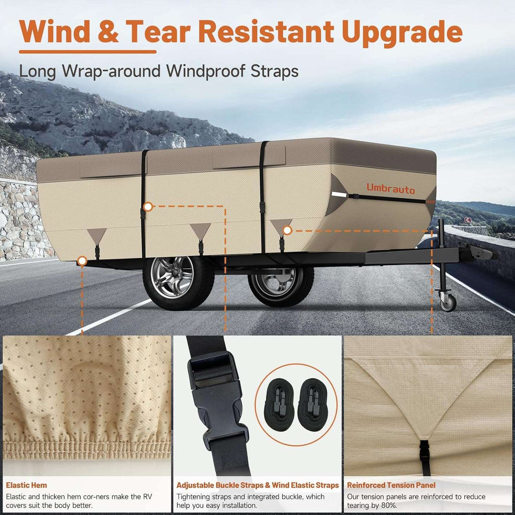 Khaki RV camper cover with wrap-around windproof strap fasteners