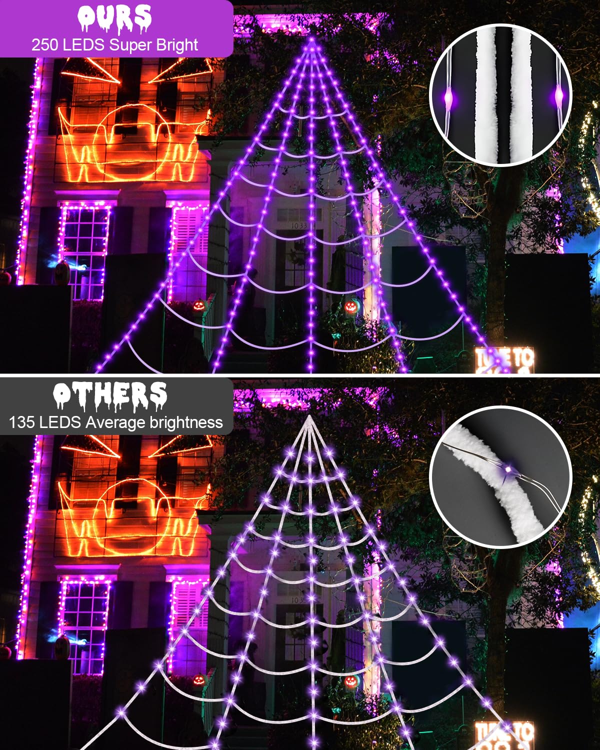 Purple LED spider web lights on string curtain style, with remote control close-up