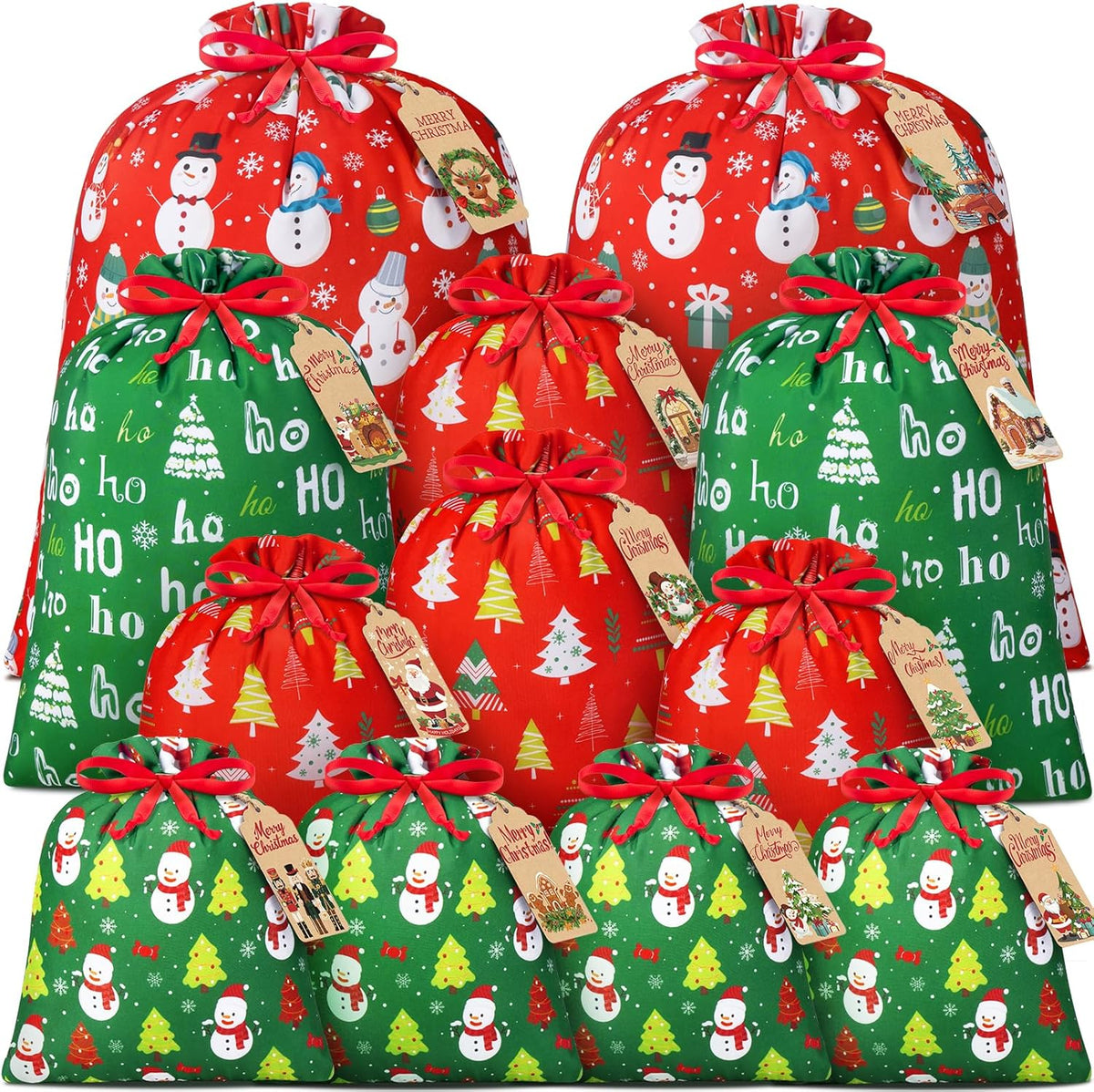 Assorted red and green Christmas fabric drawstring gift bags with tags and bows