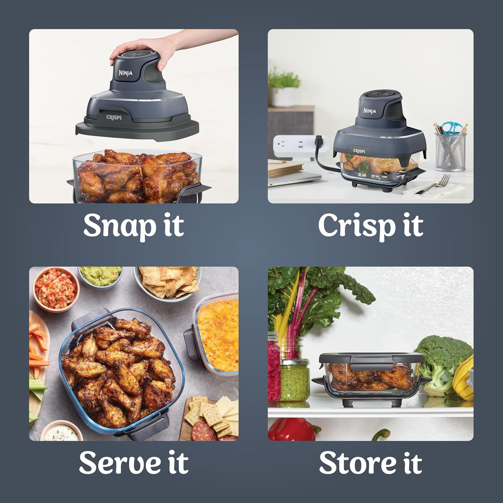 Ninja Crispi PowerPod air fryer system shown snap, crisp, serve, and store with food