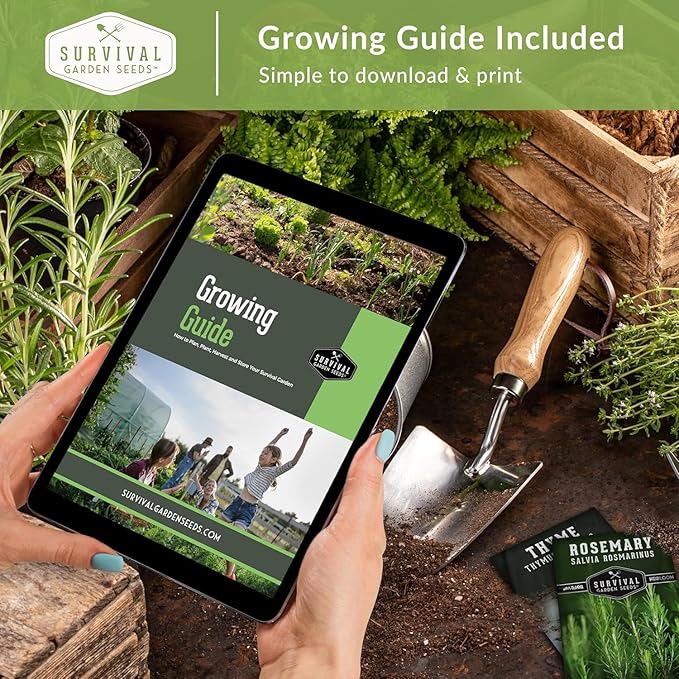 Tablet displaying growing guide, with seed tray and hand trowel promotional graphic