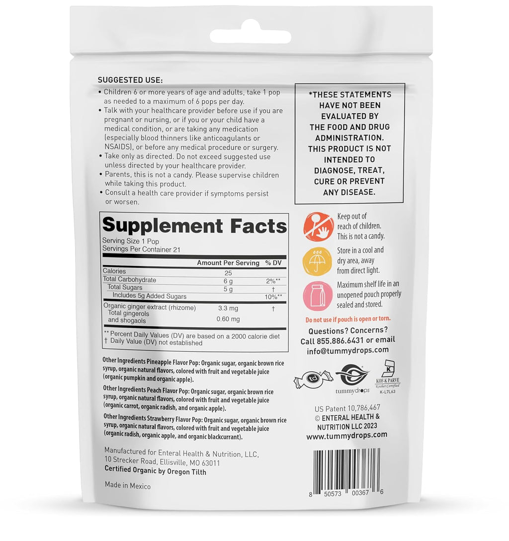 Back view of organic ginger variety pack supplement facts panel on pouch