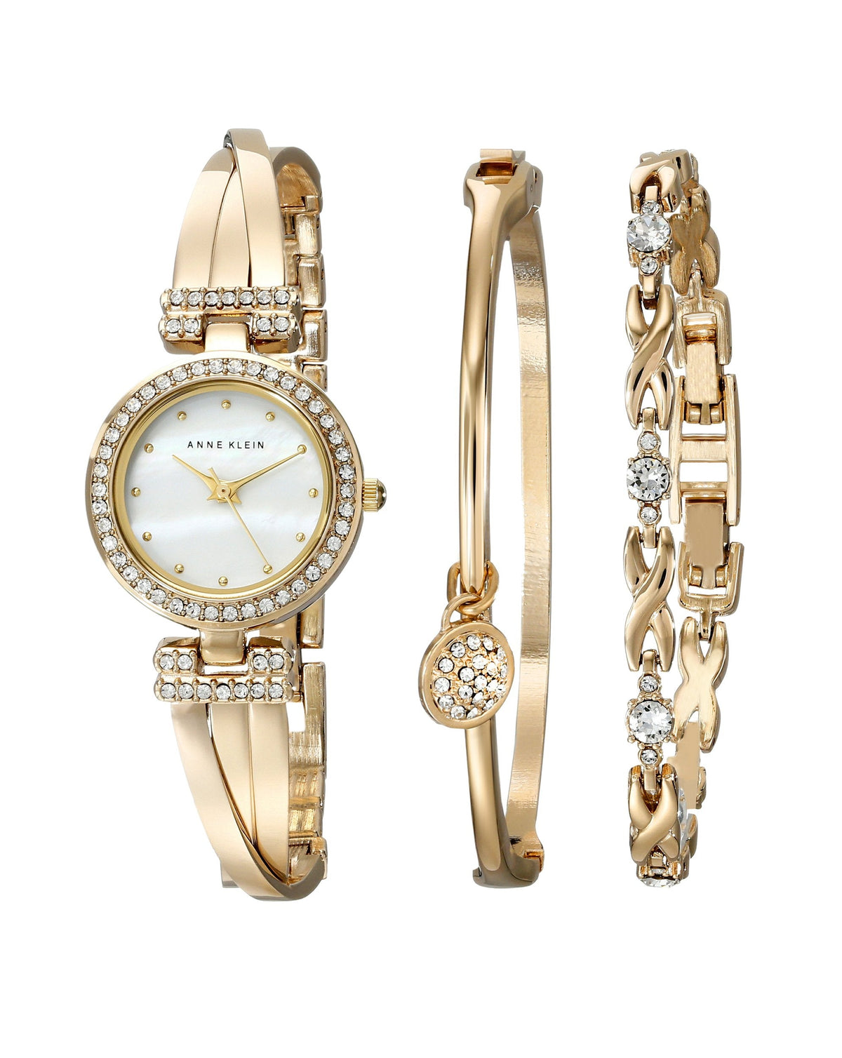 Crystal-accent bangle watch and bracelet set in gold tone with white dial.