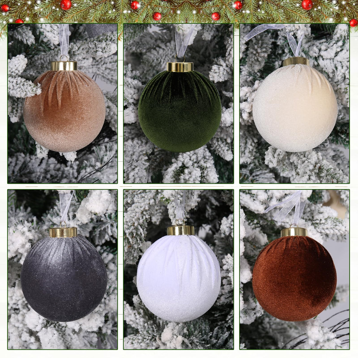 Velvet Christmas ornament balls close-up, brown, dark green, and white/gray with gold caps