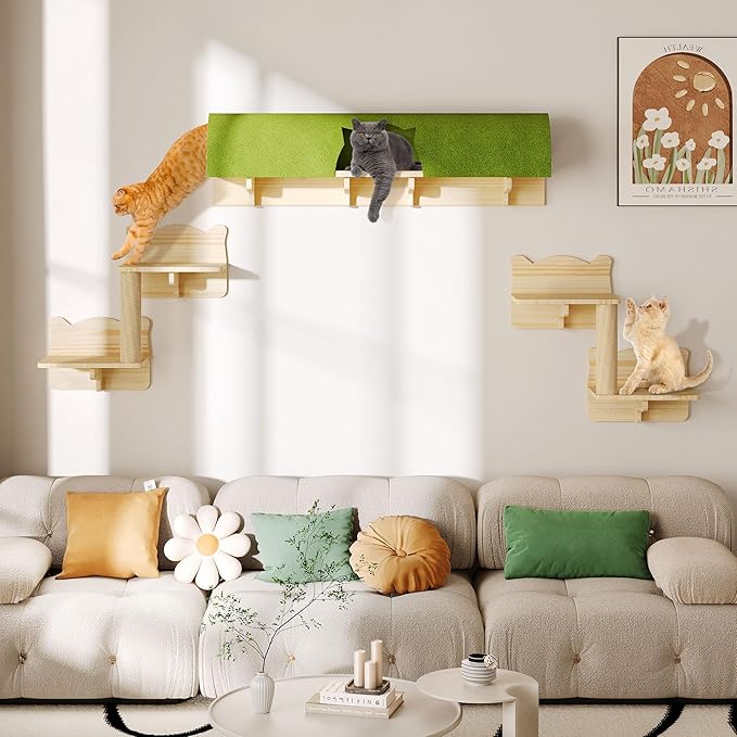 Cat wall furniture with green tunnel bed, wooden perches, steps, and hemp rope scratching post