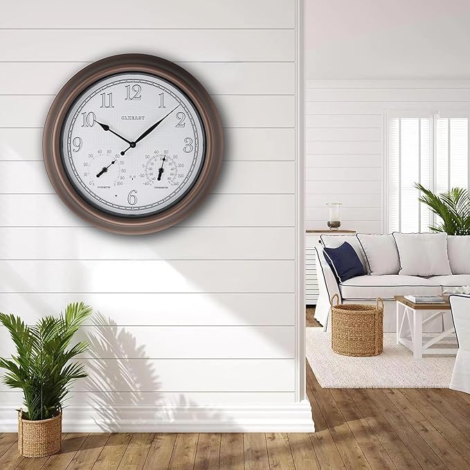 Bronze atomic analog wall clock with white dial and temperature/humidity scales