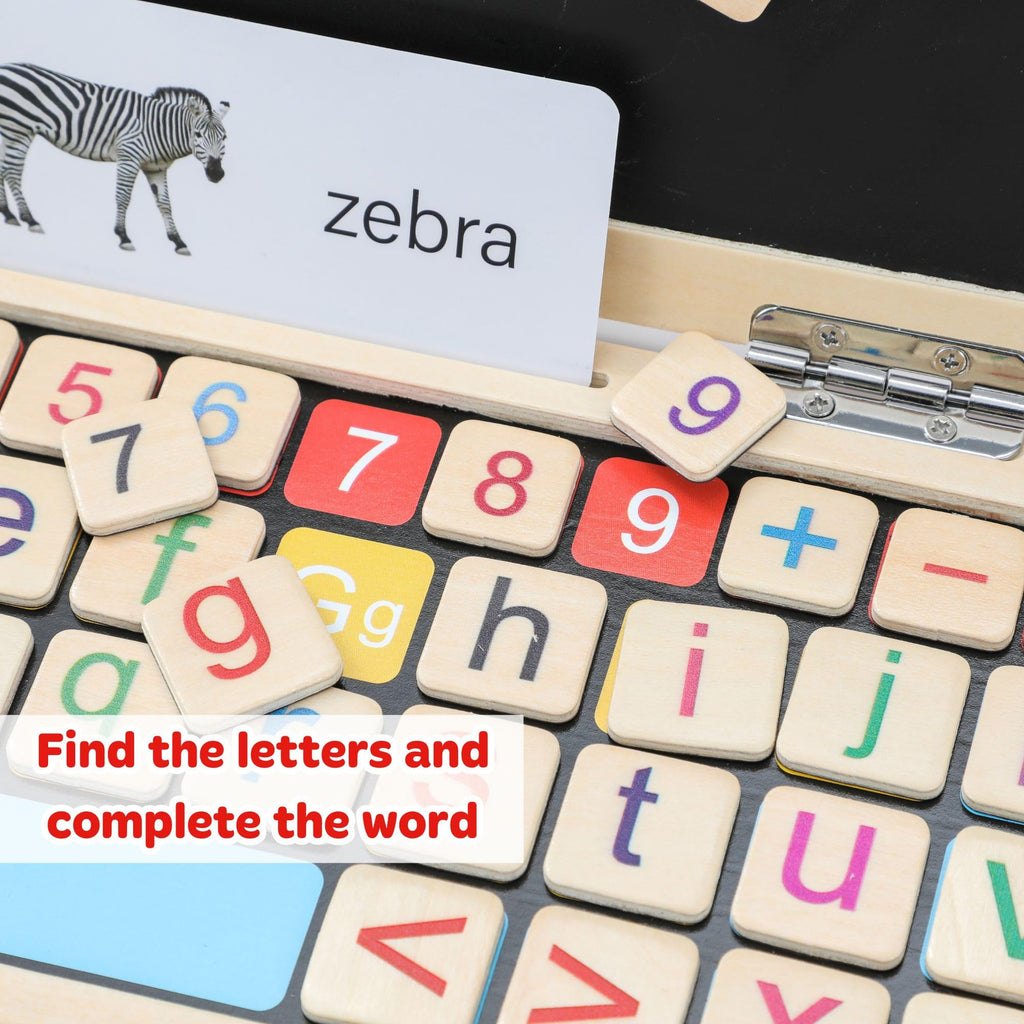 Wooden learning laptop keypad with zebra word card and colorful number and letter tiles