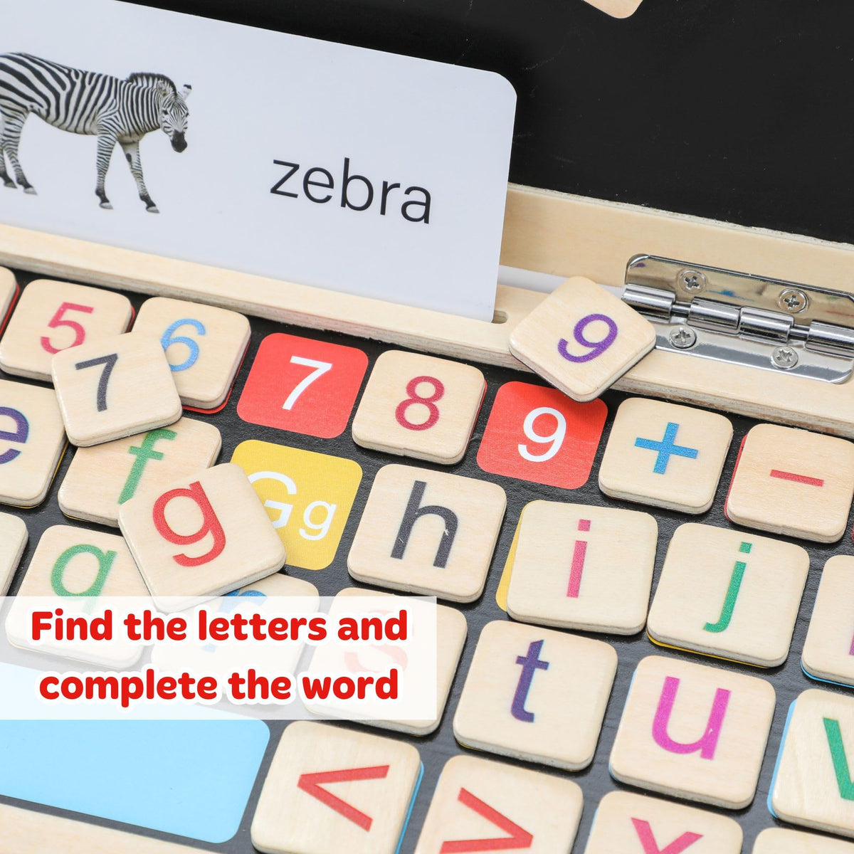 Wooden learning laptop keypad with zebra word card and colorful number and letter tiles