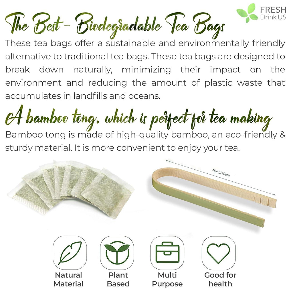 Biodegradable chamomile tea bag set with bamboo tong and natural material notes