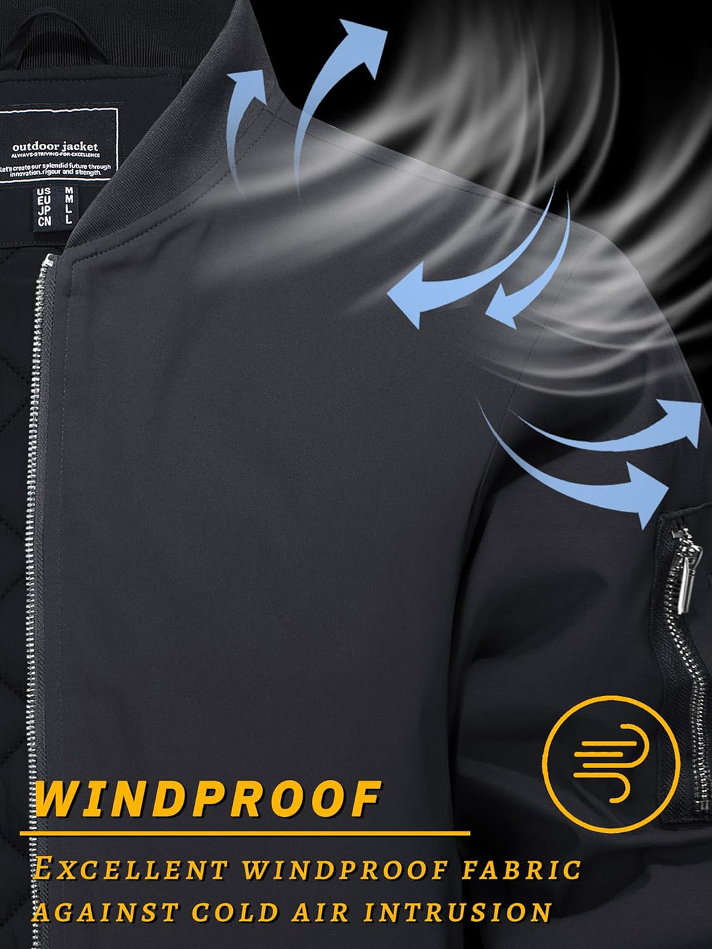 Men's black water-resistant bomber jacket with stand collar and front zipper