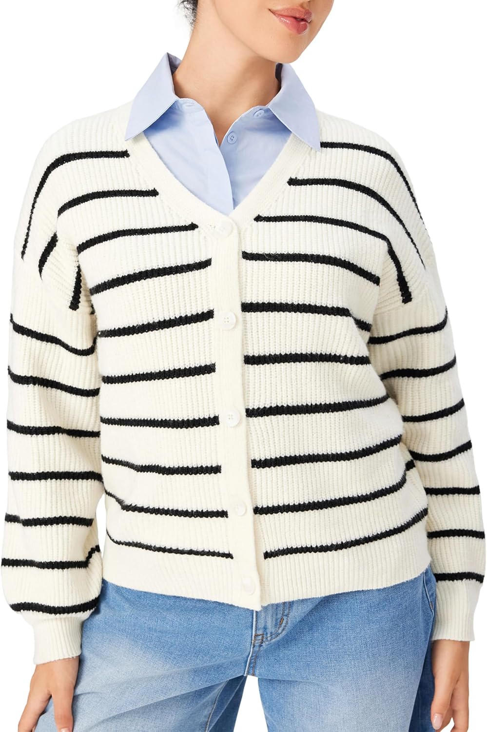 Women’s striped knit cardigan, cream with black horizontal stripes and V-neck button front