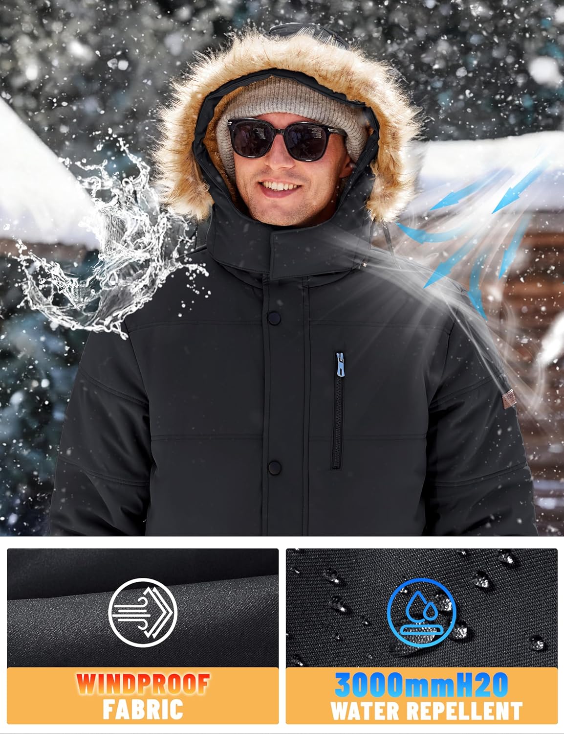 Men’s black hooded winter parka jacket with drawstring, faux-fur trim, front zipper