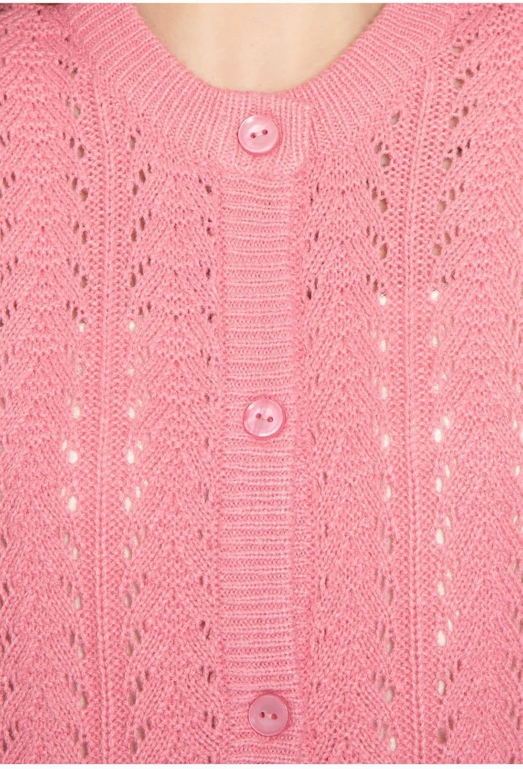 Rose pink crochet pointelle cardigan close-up with round buttons and textured knit