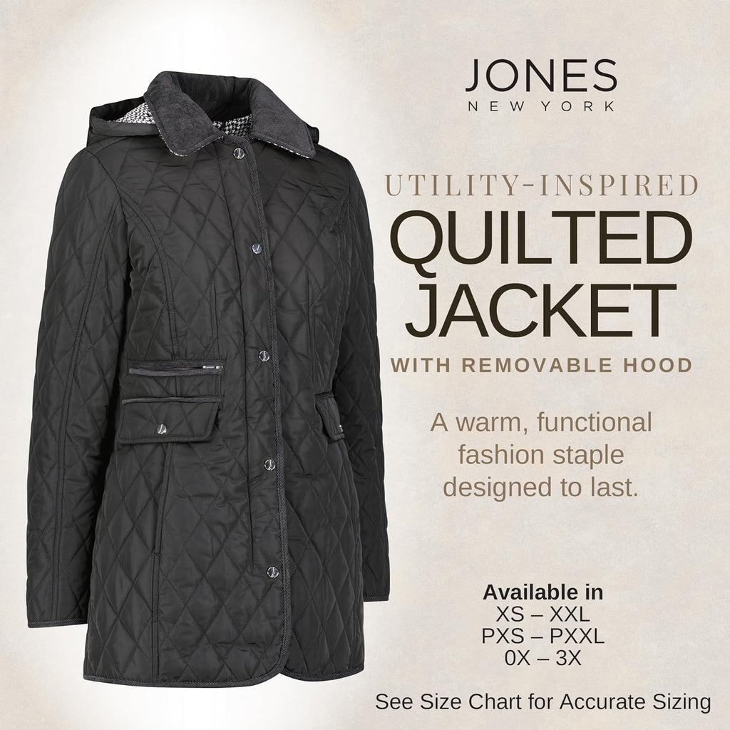 Black quilted hooded jacket with button front and chest flap pocket, flap side pocket