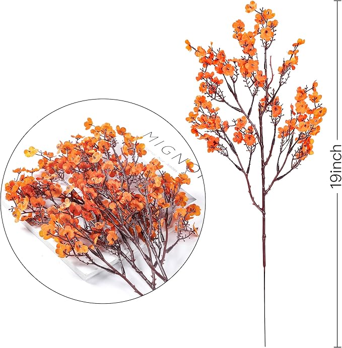 Orange artificial baby's breath stem with tiny blossoms, straight branch