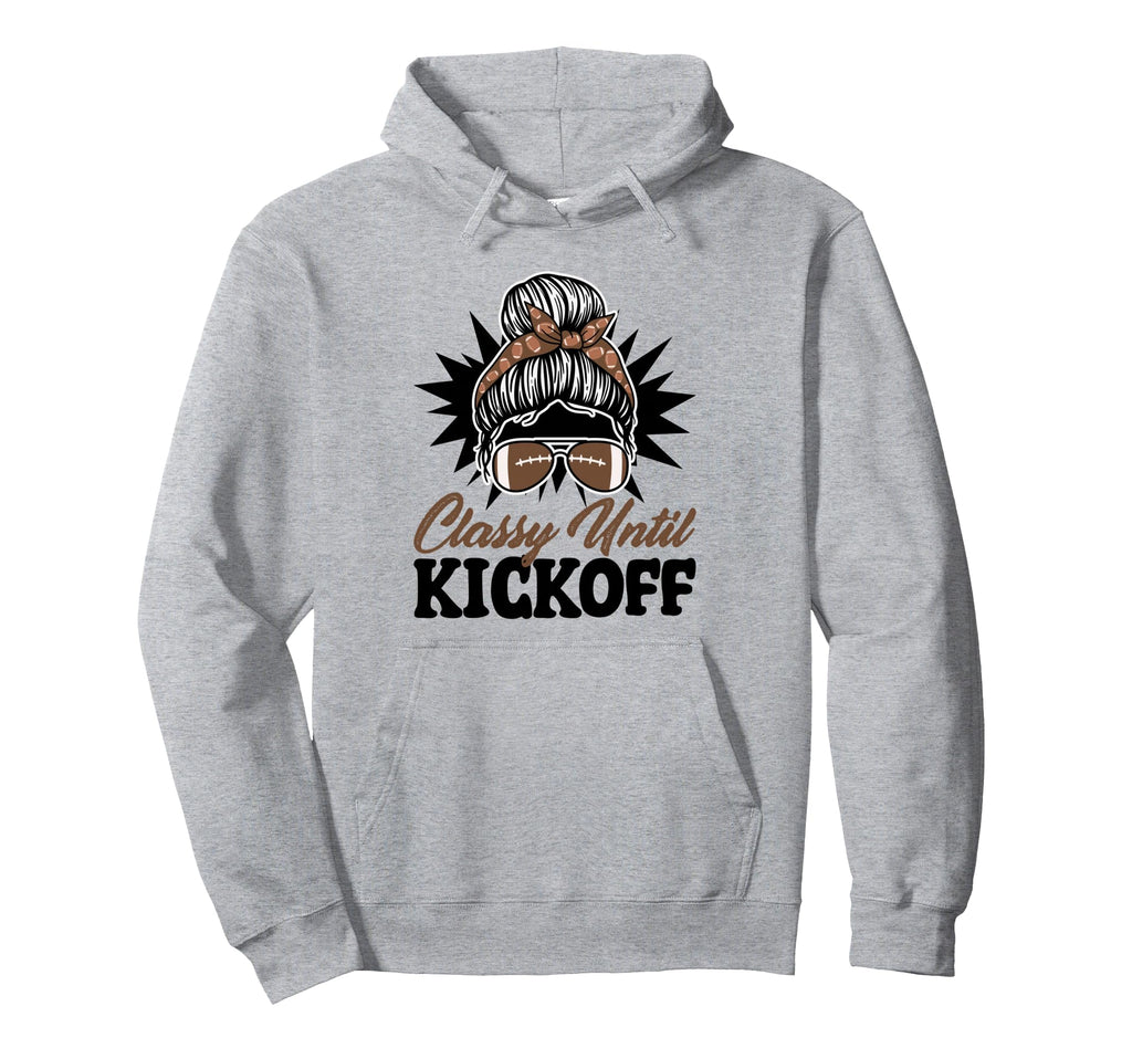 Heather gray pullover hoodie with front kickoff graphic and owl headband design
