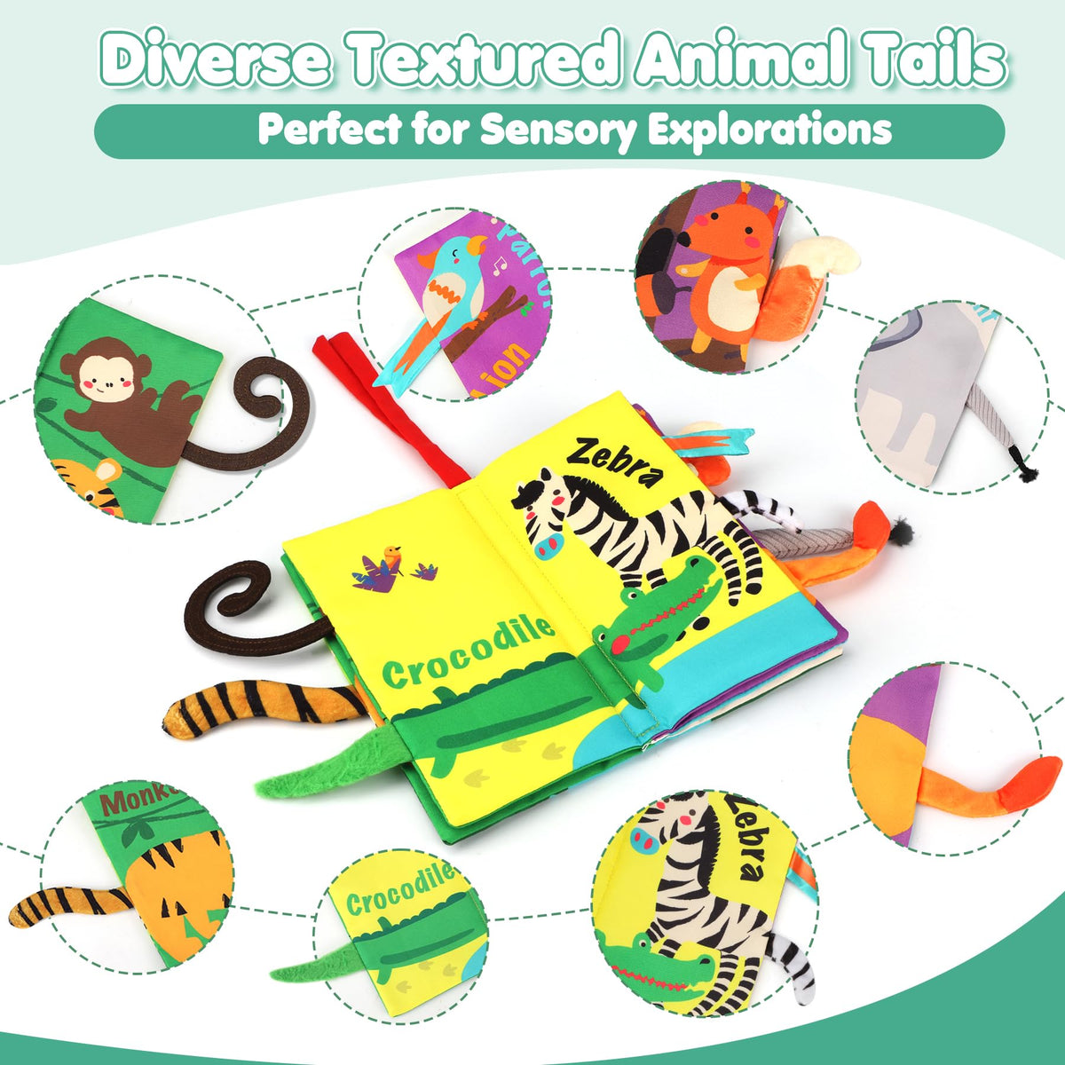 Touch-and-feel animal tail fabric soft book set with zebra, crocodile and elephant tails