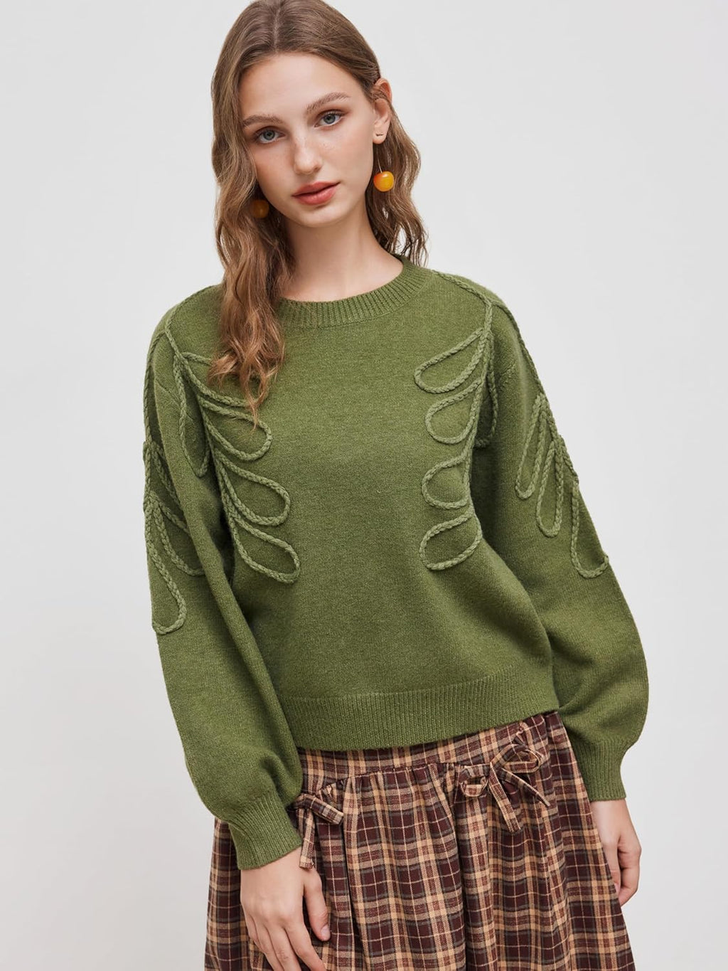Olive green knit pullover sweater, round neck, long sleeves, looped leaf embroidery