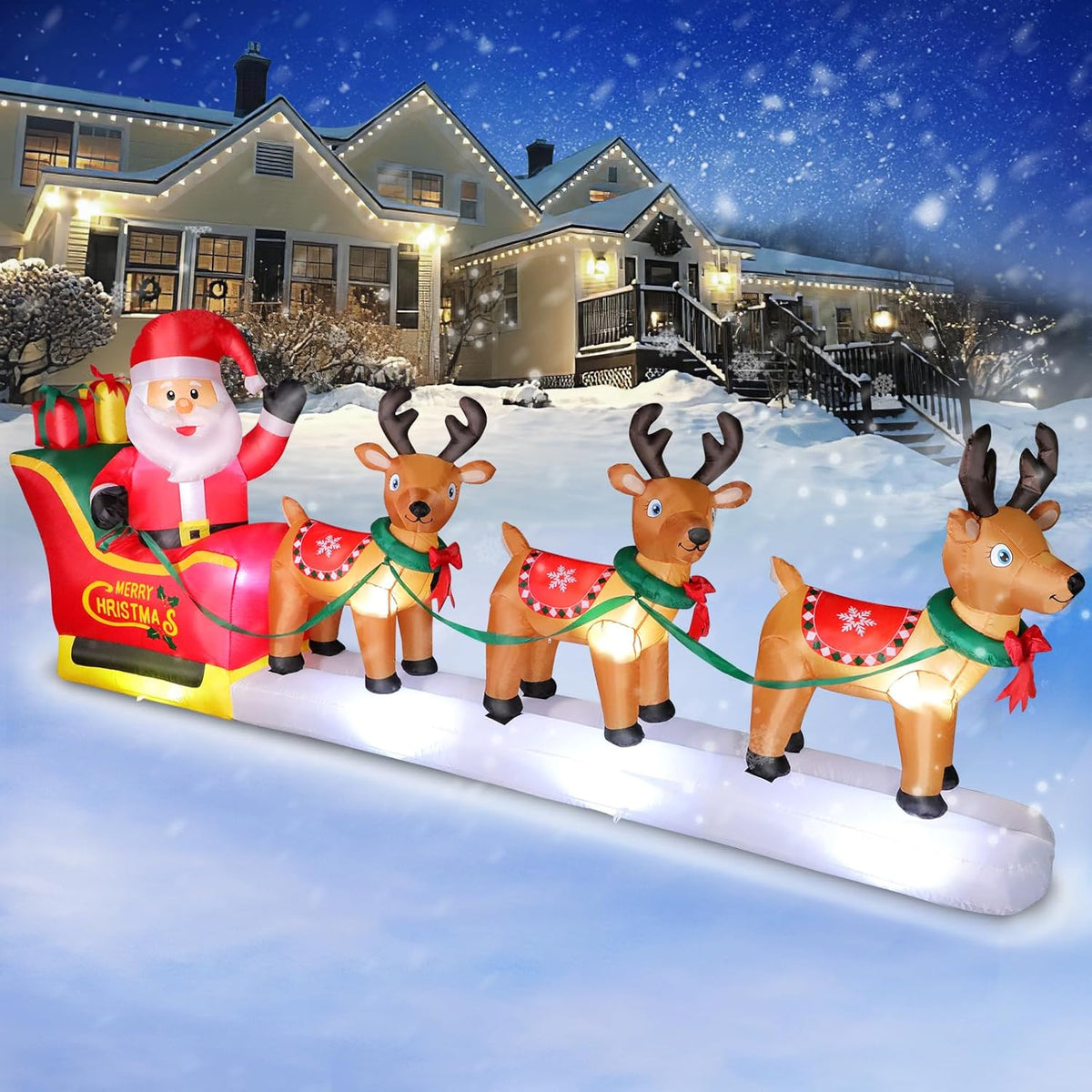 Inflatable Christmas sleigh with Santa and four reindeer; glowing yard lights
