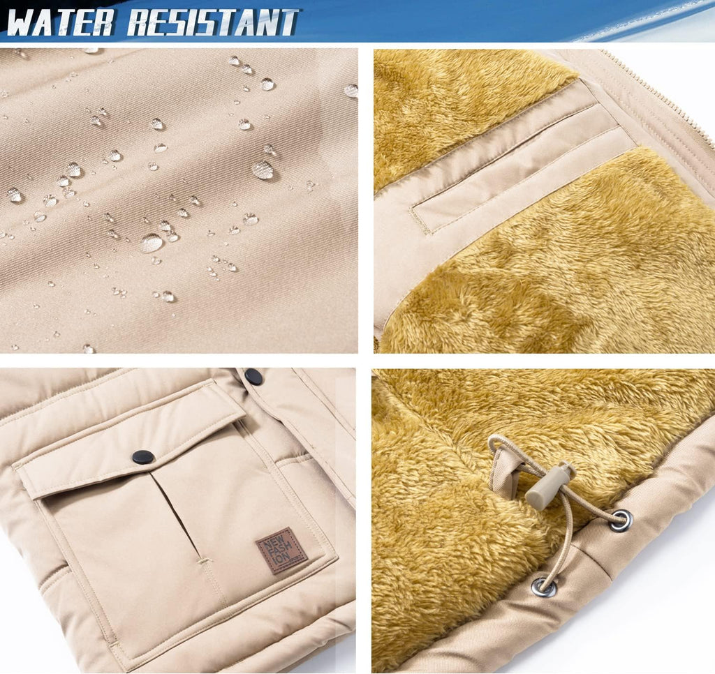 Beige water-repellent winter parka fabric swatches with faux-fur lining and zipper close-up