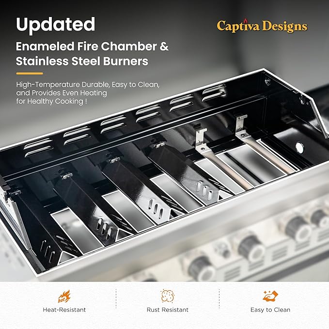 Enamel firebox with stainless steel burner grates and angled burner section