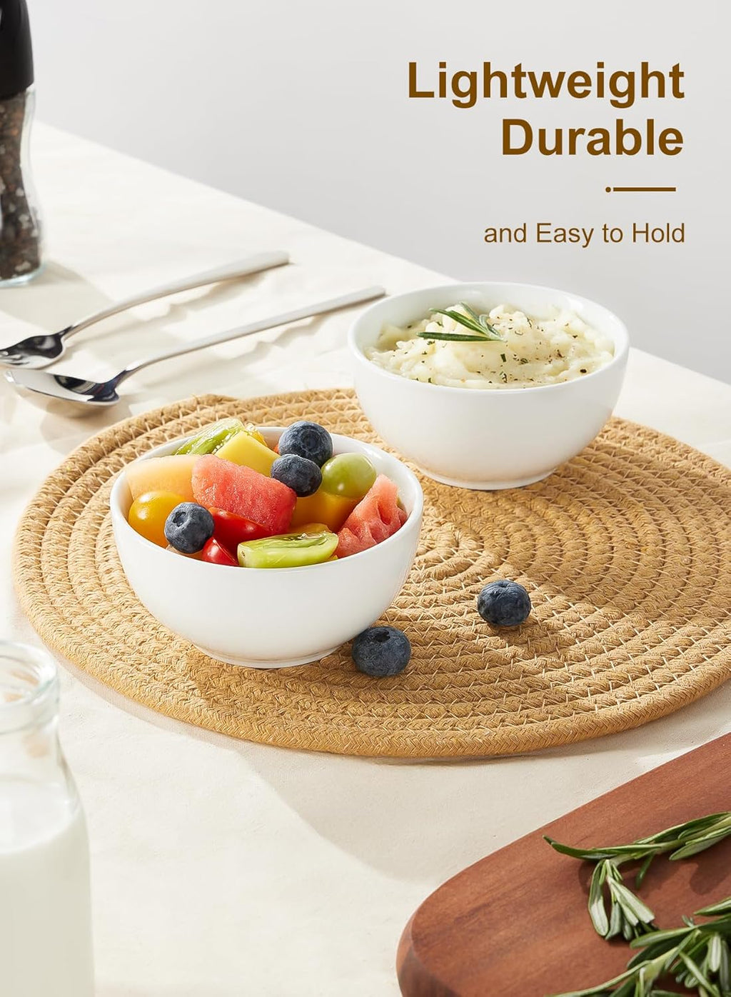 White ceramic small bowls set, two shallow round dishes for snacks, fruit, or sides
