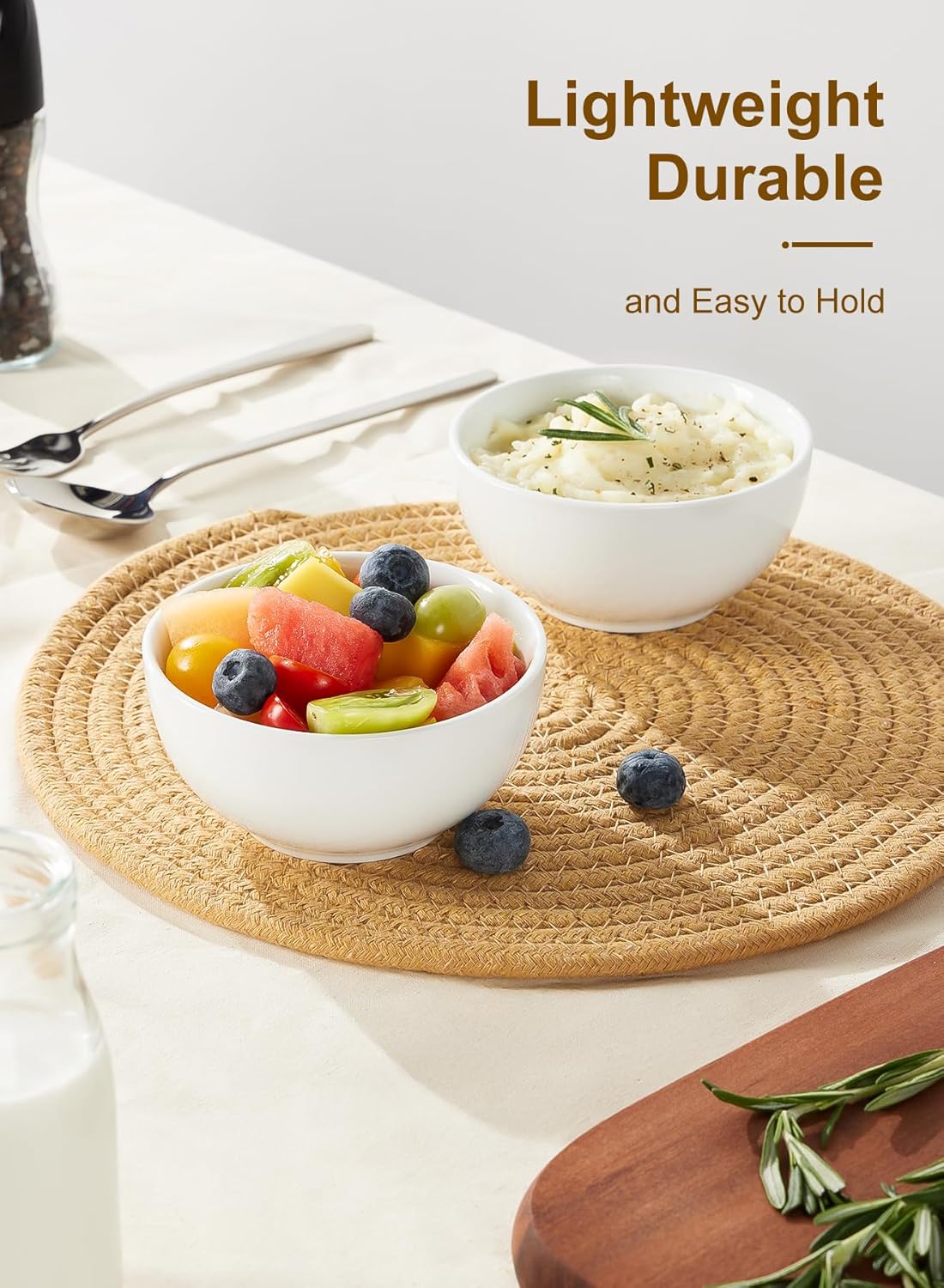 White ceramic small bowls set, two shallow round dishes for snacks, fruit, or sides