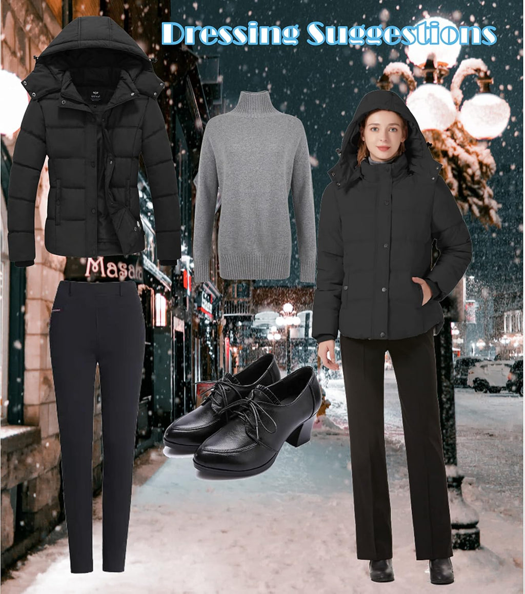 Women’s black hooded puffer jacket on model, quilted insulation with front button closure