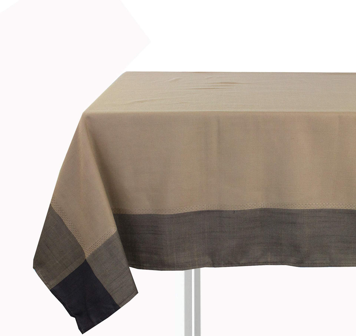 55 x 55 inch tan tablecloth with dark horizontal border on the side edge