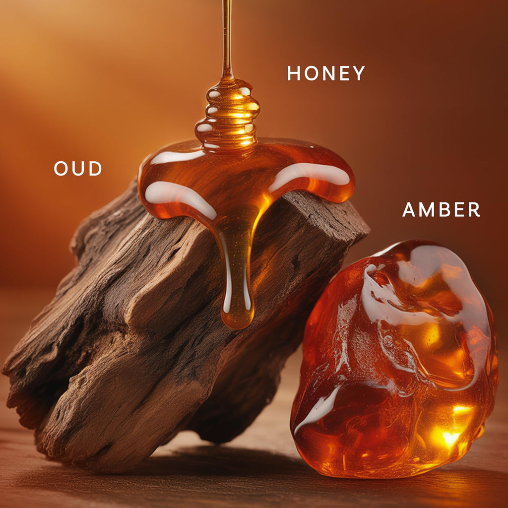 Honey oud fragrance bottle with gold cap on dark wood and amber drops