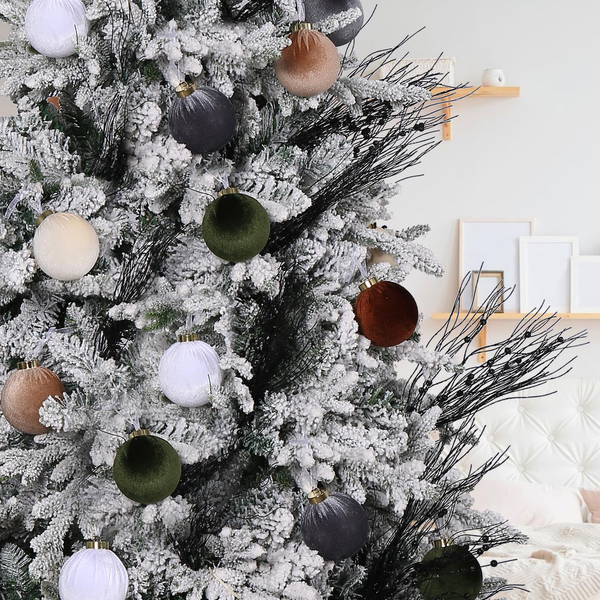 Velvet Christmas ornament balls on tree, assorted dark green, brown, white, and gray, 80mm