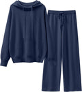 Navy knit hoodie and wide-leg sweatpants set with drawstring hood, long sleeves